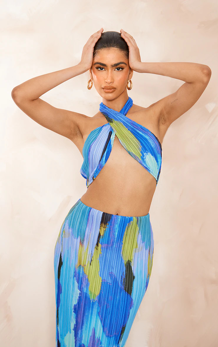 Blue Print Plisse Cross Over Halterneck Top | PrettyLittleThing US