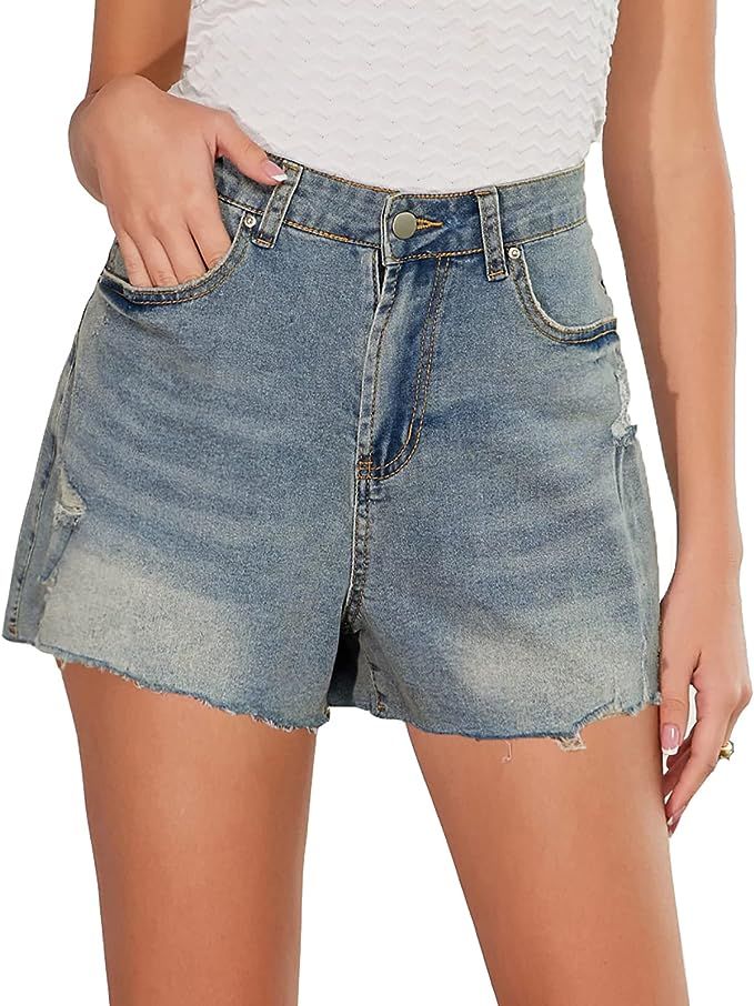 GRACE KARIN Women's High Waisted Denim Shorts Ripped Frayed Hem Jeans Shorts with Pockets Stretch | Amazon (US)