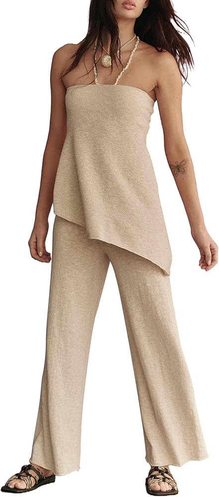 Summer Knit Sweater Sets for Women 2 Piece Vacation Outfits Strapless Tube Top and Pants Sets Mat... | Amazon (US)