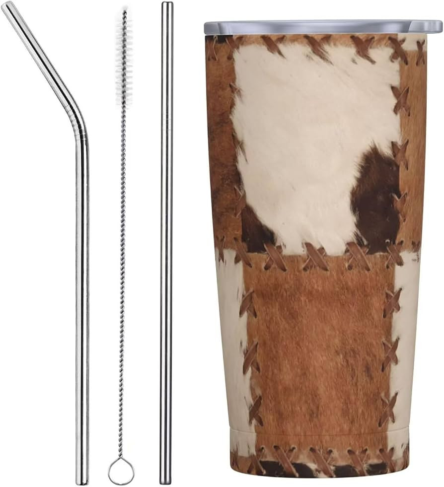 Brown White Cowhide Tumbler 20oz Stainless Steel Insulated Tumblers with Lid Straw Cups Patchwork... | Amazon (US)