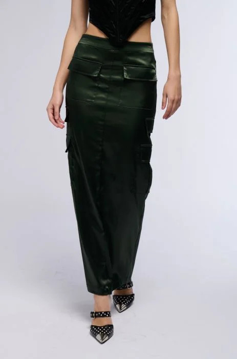 ALL IN SATIN CARGO POCKET MAXI SKIRT IN OLIVE | AKIRA