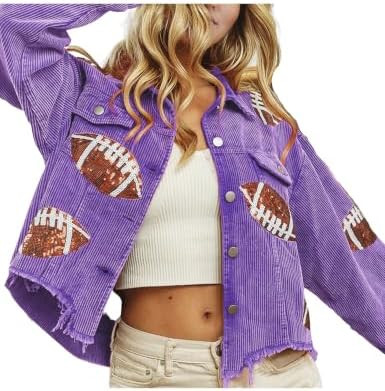 SeekMe Women Cropped Football Corduroy Jacket Sequin Rugby Patched Shacket | Amazon (US)
