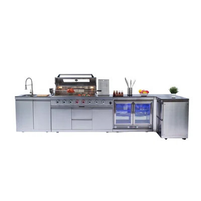 6-Burner 96000 BTU Stainless Steel Gas Outdoor Kitchen Bar Barbecue Island Grill + Wine Cooler Compact Refrigerator + Rotisserie + Countertops + St | Wayfair North America