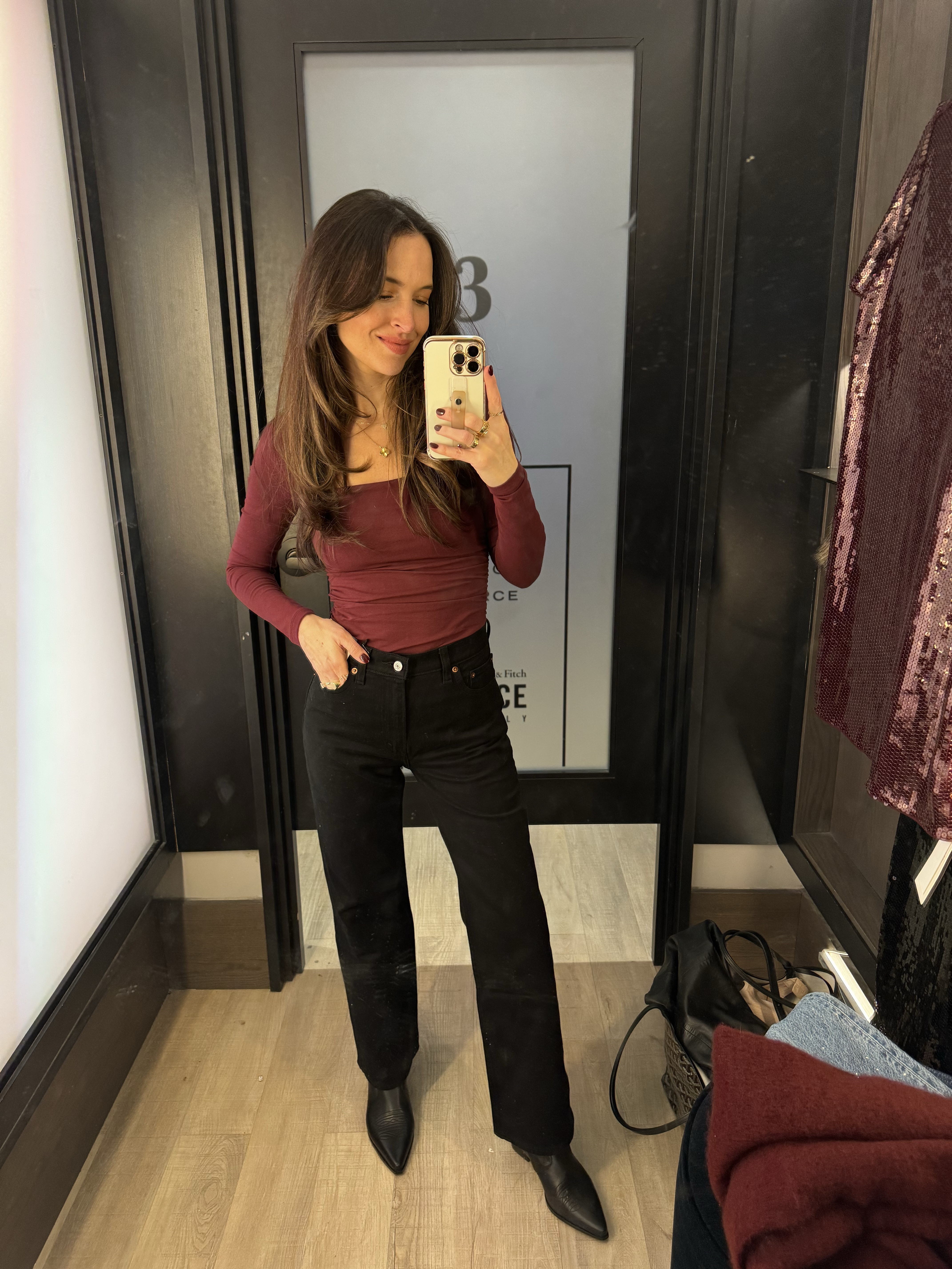 Abercrombie outfit. High rise 90s relaxed style jeans (wearing 25, they run true to size) in no fade black. Love these! Also love this layering top! Wearing XS (runs true to size). Use code CYBERAF for extra stackable 15% off

#LTKSeasonal #LTKCyberWeek #LTKHoliday