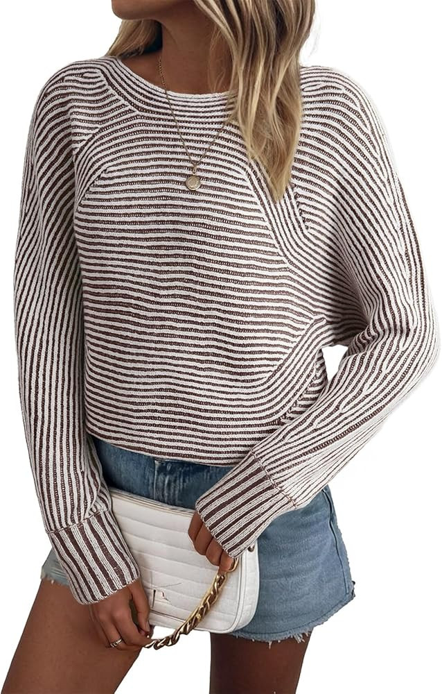 EVALESS Striped Sweaters for Women Boat Neck Batwing Sleeve Oversized Pullover Sweater Tops Women... | Amazon (US)