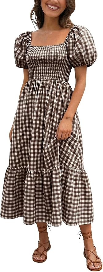Verdusa Women's Gingham Plaid Maxi Dress Puff Sleeve Long Flowy Dresses | Shirred, Checkered Summ... | Amazon (US)