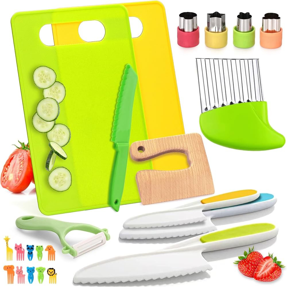 23 Pcs Kids Knife Set for Real Cooking，Montessori Kitchen Toys for Toddlers-Kids Cooking Sets... | Amazon (US)