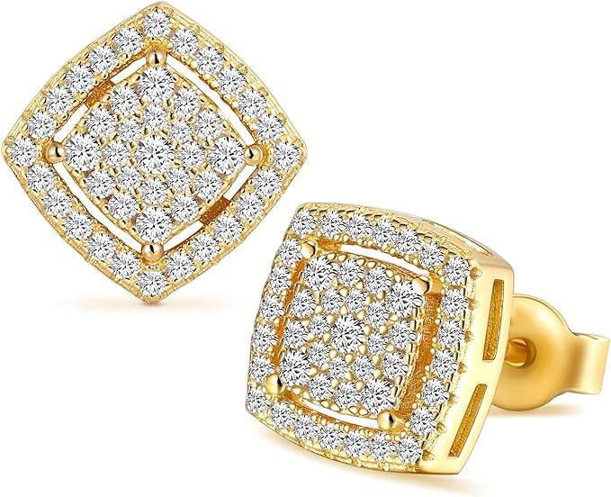 TRUMIUM Sterling Silver Earrings for Men Gold Diamond Layered Iced Out Square Cz Stud Earrings Sc... | Amazon (US)
