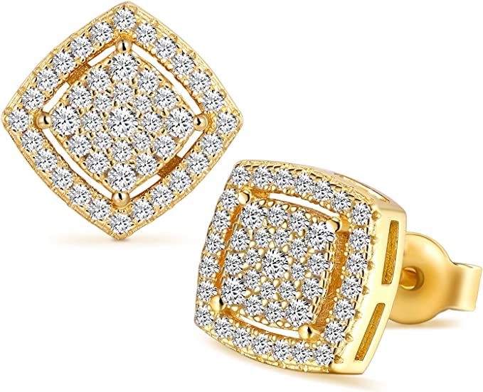 TRUMIUM Sterling Silver Earrings for Men Gold Diamond Layered Iced Out Square Cz Stud Earrings Sc... | Amazon (US)