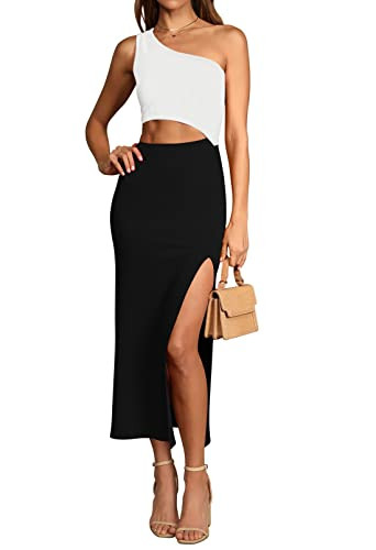 Pink Queen Women's One Shoulder Sleeveless Cutout Side Slit Bodycon Maxi Long Dress | Amazon (US)