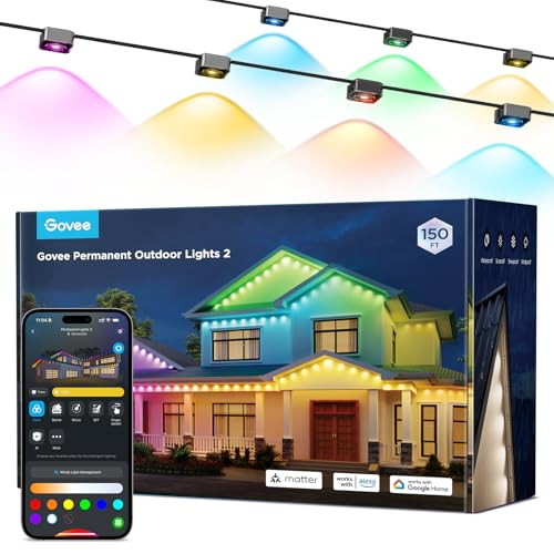 Govee Permanent Outdoor Lights 2, 150ft RGBIC Outdoor Lights with 108 LED Lights, IP67 Waterproof, 100 Scene Modes with 40lm White for Christmas Decorations, Works with Alexa, Google Assistant, Black | Amazon (US)