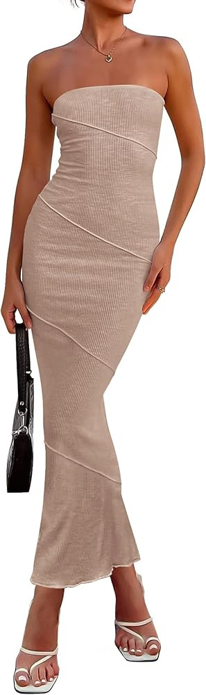 Pretty Garden Womens Ribbed Maxi Bodycon Summer Strapless Tube Y2K Party Club Long Dress | Amazon (US)