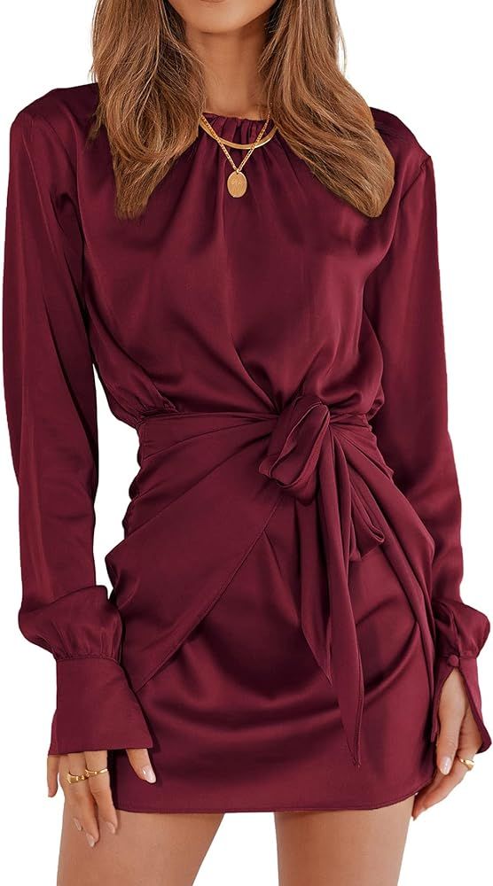 BTFBM Women Casual Long Sleeve Ruched Wrap Dress Crew Neck Tie Waist Short Dress Solid Color Mini... | Amazon (US)