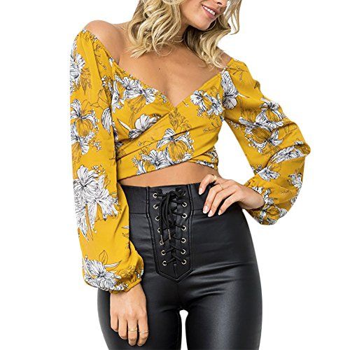 Women's Off Shoulder Floral Print Long Sleeve Tie Up Chiffon Blouse Shirt Tops Yellow (Large) | Amazon (US)