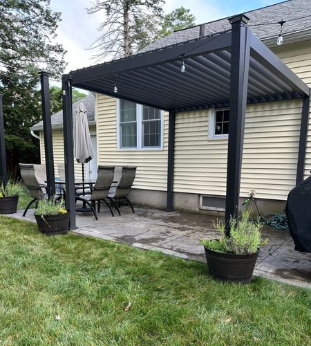 Mirador Louvered Pergola. 10 x 10, aluminum and steel, easy to assemble, right from Amazon. You can rotate the panels in the roof to be “open” or “closed”  

#LTKHome #LTKSummerSales #LTKSeasonal