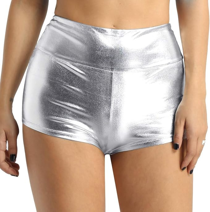iEFiEL Womens Sexy Shiny Stretchy Metallic Liquid Wet Look High Waist Dance Rave Booty Shorts Hot... | Amazon (US)