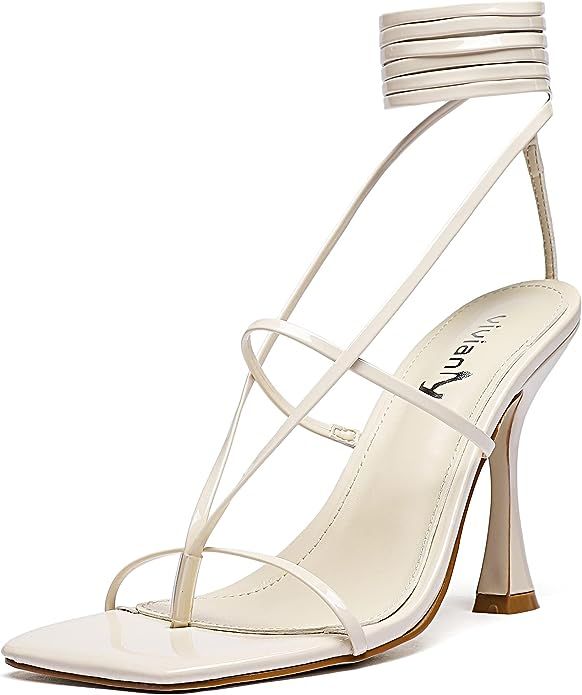 vivianly Square Toe Lace Up Thong Heeled Sandals Strappy Stiletto High Heels Wedding Dress | Amazon (US)
