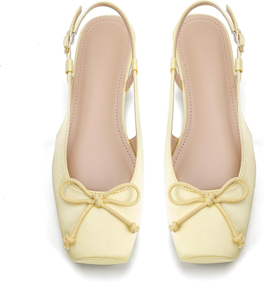 Women's Ballet Flats Slingbacks Square Toe Bow Knit Dressy Flat Shoes with Ankle Buckles Satin | Amazon (US)