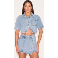 Tall Vintage Wash Button Up Short Sleeve Cropped Denim Shirt | PrettyLittleThing US