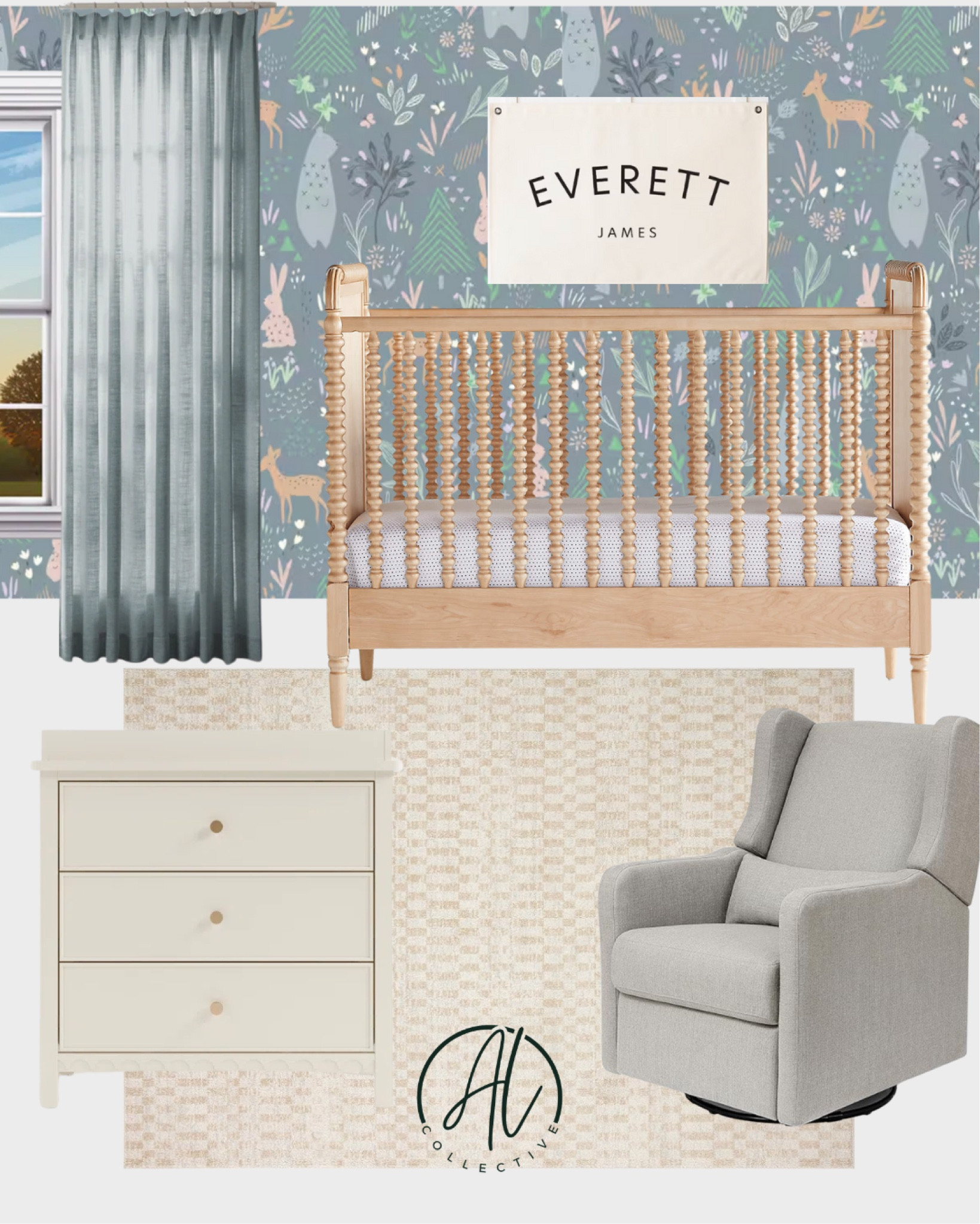 Nursery design. Mood board. Curtains. Drapes. Wallpaper. Wall art. Crib. Area rug. Dresser. Changing table. Glider. Rocking chair. Accent chair  

#LTKFamily #LTKBaby #LTKHome