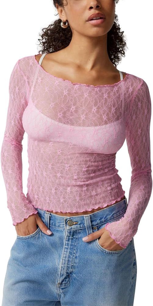 RUEWEY Women's Sheer Lace Going Out Tops Long Sleeve Slim Fit Crop Tops Shirt Streetwear | Amazon (US)
