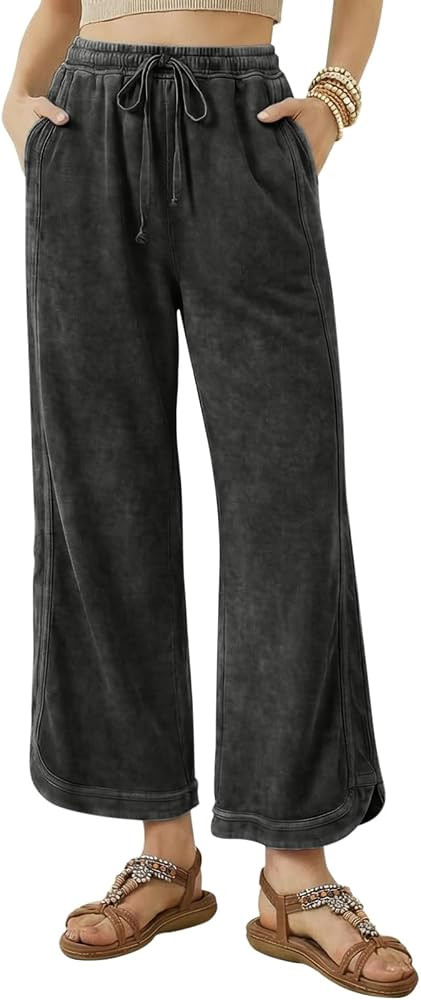 Women's Wide Leg Pants Comfy Cotton Casual Loose Drawstring Elastic Waist Baggy Palazzo Lounge Tr... | Amazon (US)
