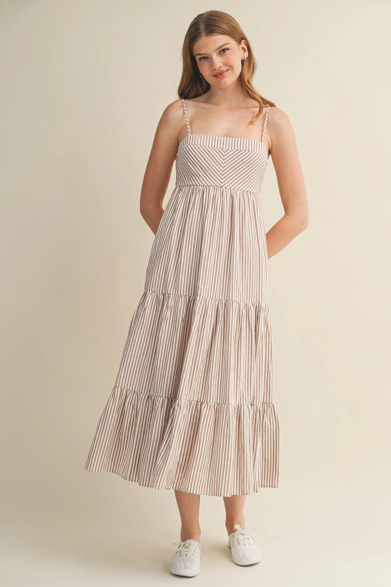 Light Taupe Diagonal Stripe Front Tier Dress | PinkBlush Maternity