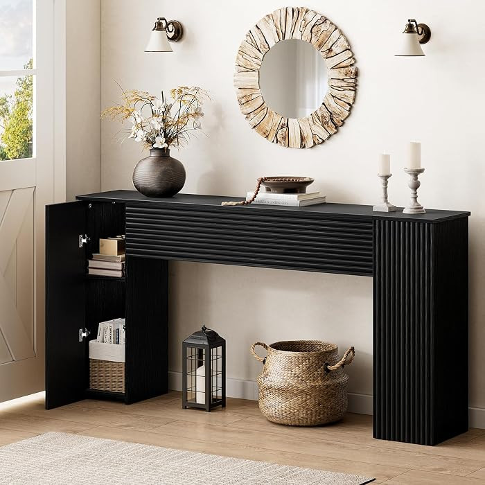 FABATO 61\u201d Fluted Long Console Table with 2 Hidden Storage Cabinets, Black | Amazon (US)