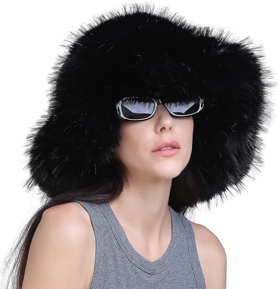 Women's Furry Bucket Hat Winter Faux Fur Plush Hats Warm Fisherman Cap Fluffy Wide Brim Bucket Ha... | Amazon (US)