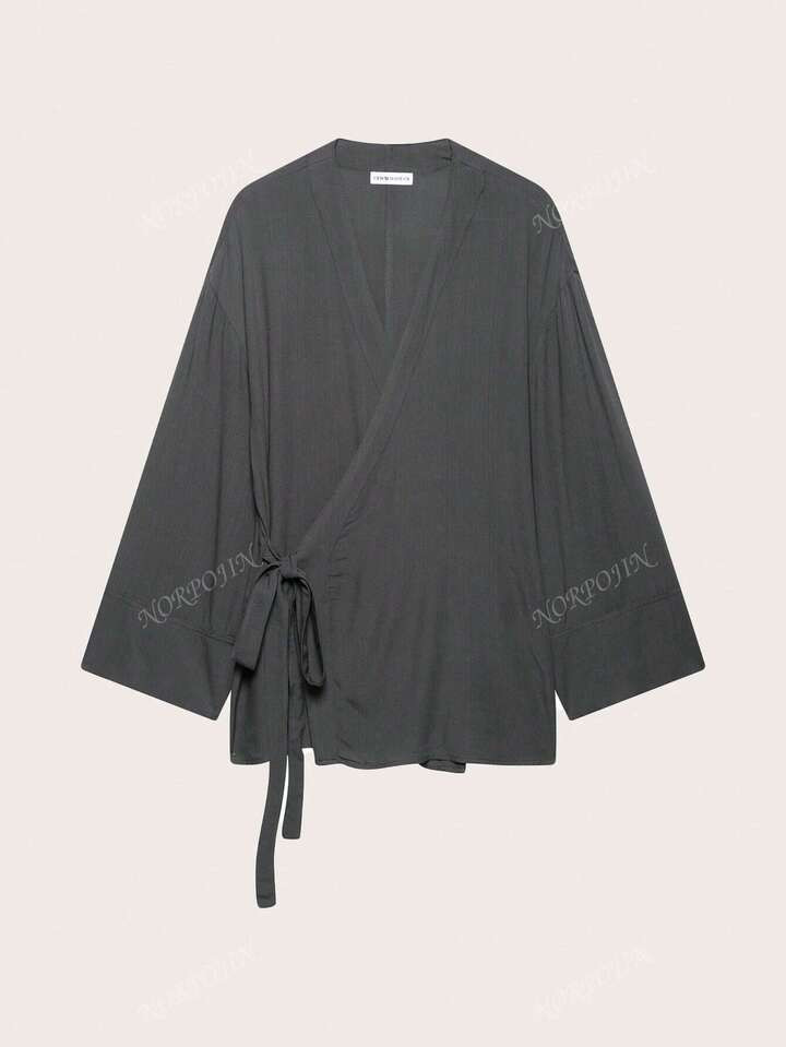 Women's Solid Color Long Sleeve Spring Autumn Wrap Around Tie-Front Kimono Blouse | SHEIN