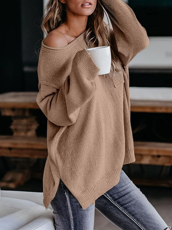 Imysty Womens Sweaters Crewneck Long Sleeve Side Slit Casual Pullover Sweater Knitted Jumper Tops | Amazon (US)