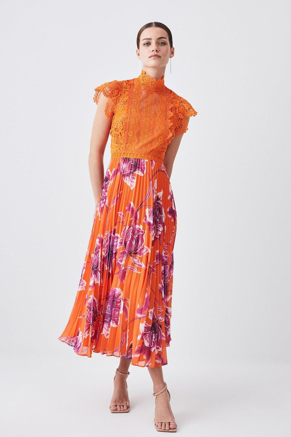 Petite Guipure Lace Mirrored Floral Pleat Midi Dress | Karen Millen US