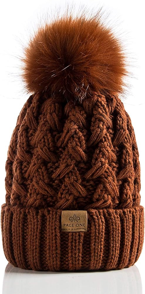 PAGE ONE Womens Winter Ribbed Beanie Crossed Cap Chunky Cable Knit Pompom Soft Warm Hat | Amazon (US)