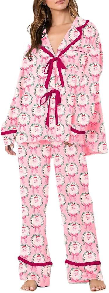 Argeousgor Christmas Pajamas for Women Bow Tie Long Sleeve Shirt Pants Satin Silk Funny Graphic 2... | Amazon (US)