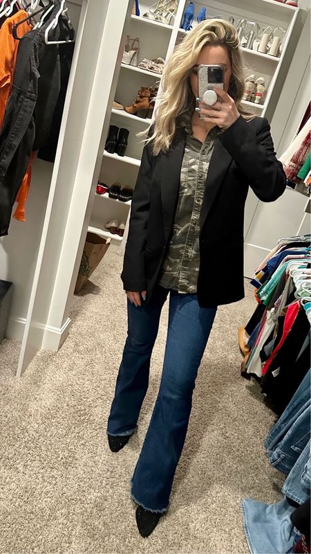 Casual work outfit// blazer outfit// work outfit// denim work outfit// workwear// flare jeans// rhinestone booties// everyday work outfit// blazer work outfit // blazer outfits// 

#LTKshoecrush #LTKstyletip #LTKworkwear