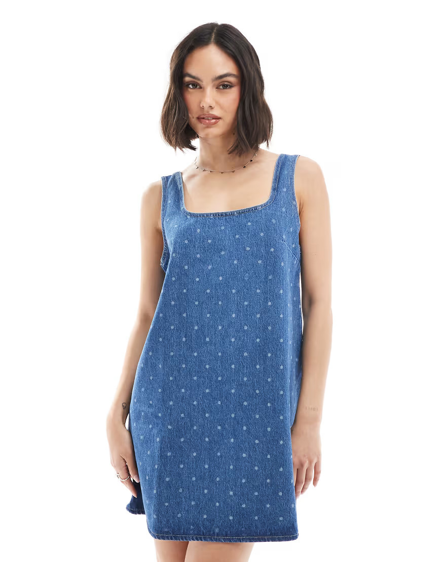 ASOS DESIGN denim mini dress with polka dot print in mid blue | ASOS (Global)
