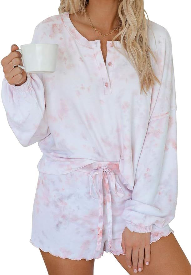 Tiksawon Womens Pajama Sets Tie Dye Cute Short Pajama Set Long Sleeve Tee and Pants Pj Set Lounge... | Amazon (US)