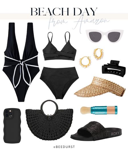 Beach day outfit, swim, pool day outfit, vacation outfit, swimsuit, black swimsuit, one piece swim suit, jute slide sandals, sun hat, straw bag, brush on sunscreen

#LTKshoecrush #LTKitbag #LTKswim