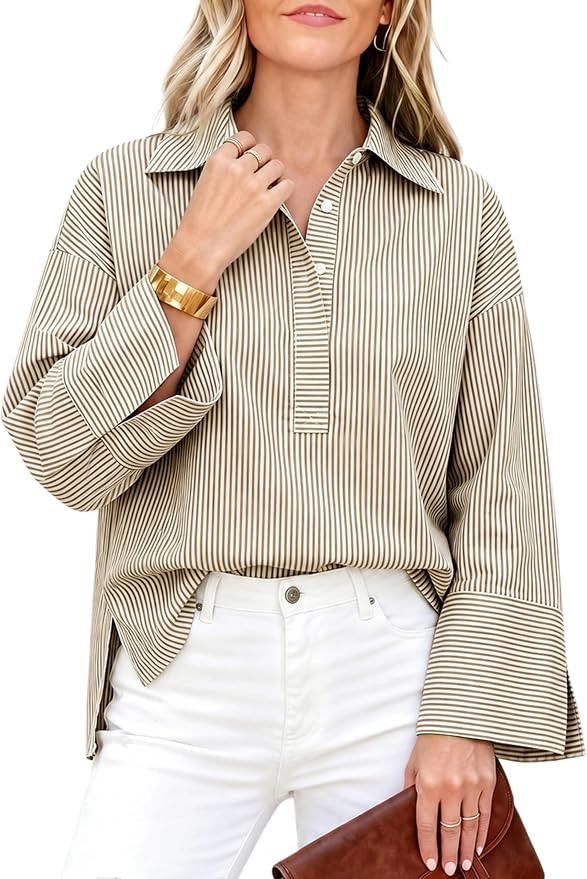 Watashi Women Button Down Shirt Striped Print Henley Shirts | Casual Lightweight Work Dressy Over... | Amazon (US)