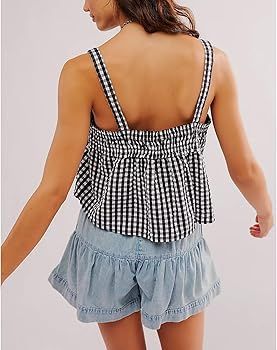 Women Gingham Plaid Tank Top Tie Front Cami Crop Top Y2K Spaghetti Strap Peplum Camisole Smocked ... | Amazon (US)