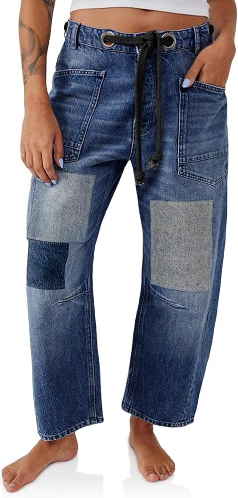 PLNOTME Womens Baggy Barrel Horseshoe Jeans Wide Leg Patchwork Low Rise Denim Pants with Pockets | Amazon (US)