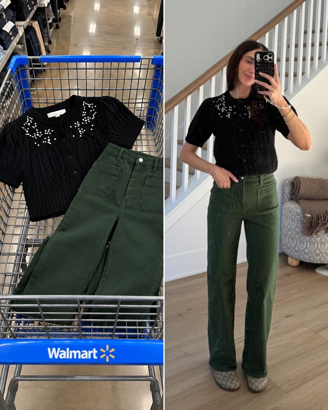 Such a cute Walmart holiday outfit! 💚 This black embellished cable knit cardigan paired with dark green wide leg jeans is perfect for Thanksgiving dinner, holiday gatherings, and festive fall looks!

I'm wearing size 0 in jeans and XS in cardigan.

Walmart holiday outfit, Thanksgiving outfit ideas, black embellished cardigan, green wide leg jeans, holiday dinner outfit, festive fall fashion, cable knit cardigan, affordable holiday style, casual Thanksgiving outfit, Walmart fashion finds