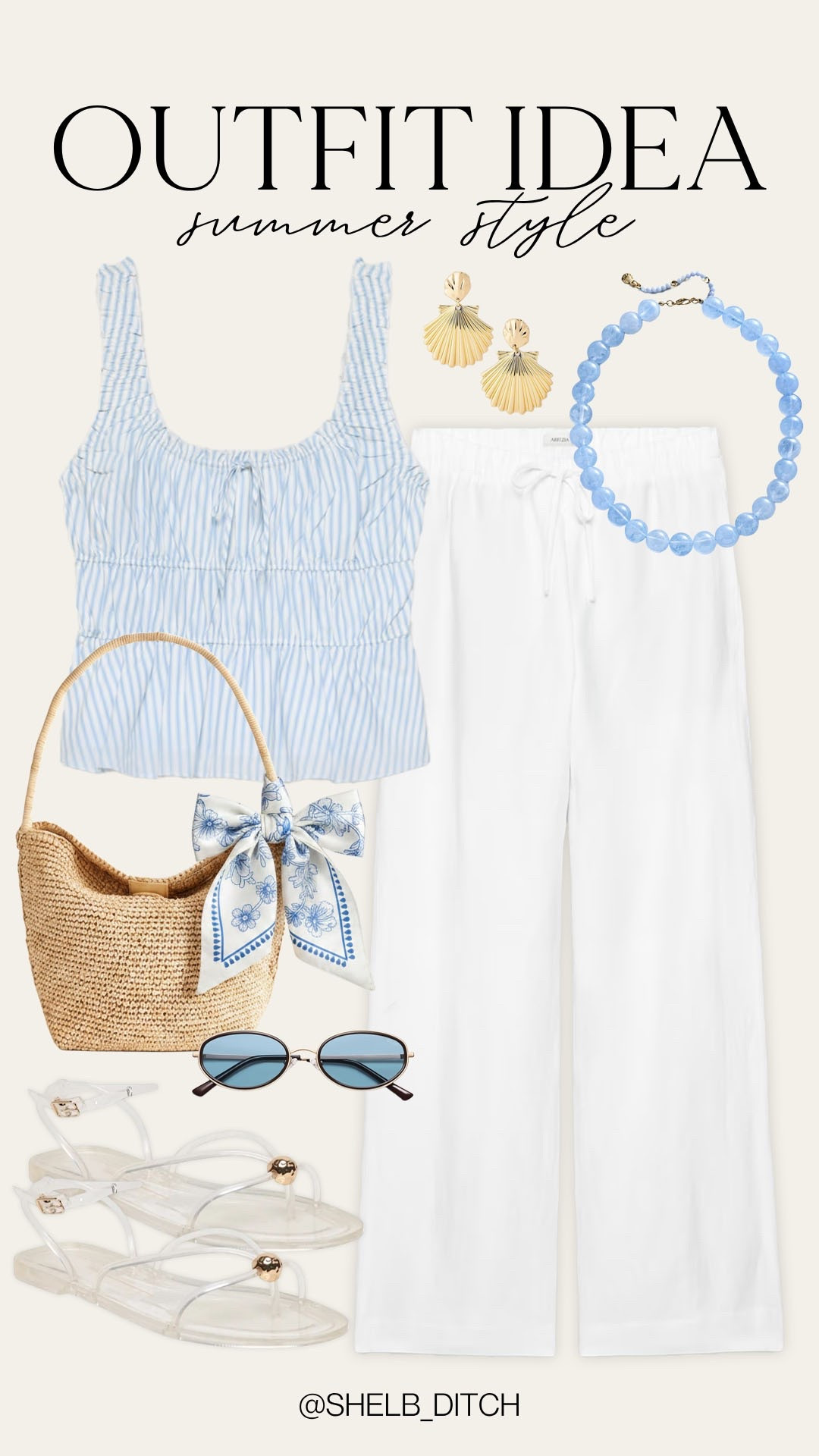Trendy summer style. Blue and white summer outfit. Aritzia summer style. White linen pants. Straw shoulder bag. Jelly lace up sandals. Go to summer style. Elevated summer OOTD.

#LTKootd #LTKgrwm #LTKSeasonal