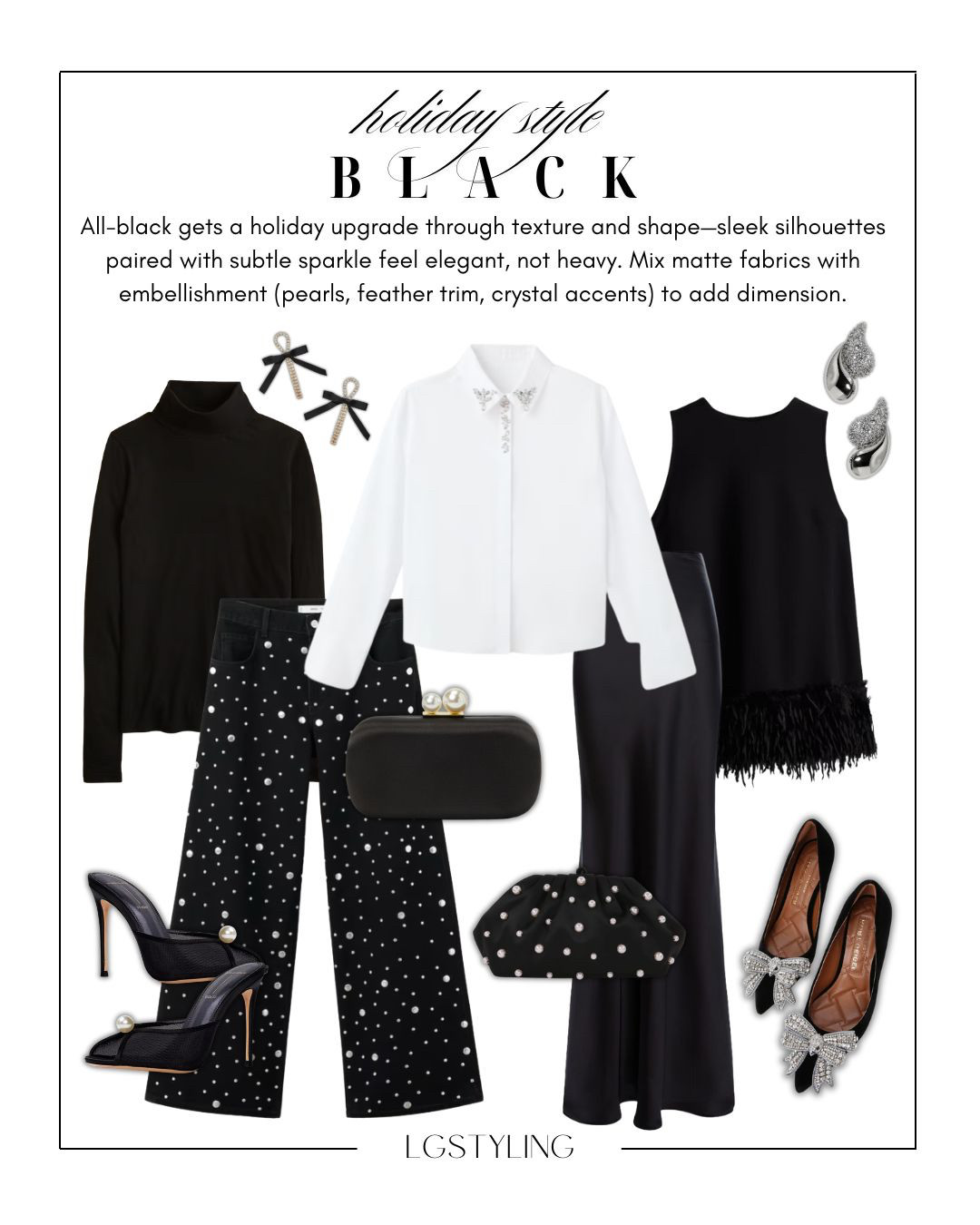  Holiday Style: Black 🖤

All-black gets a holiday upgrade through texture and shape. Sleek silhouettes paired with subtle sparkle feel elegant—not heavy. Mixing matte fabrics with embellishment like pearls, feather trim, and crystal accents adds dimension while keeping the look timeless and modern. It’s a polished approach to festive dressing that always feels confident, elevated, and effortless.

✨ Styling tip: When wearing head-to-toe black, vary texture and finish to avoid a flat look.

#LTKHoliday #LTKStyle #LTKParty #AllBlackOutfit #HolidayBlack #ChicHoliday #FestiveStyle #QuietLuxury #LTKFashion #ShopMyLook

#LTKFindsUnder100 #LTKSaleAlert #LTKHoliday