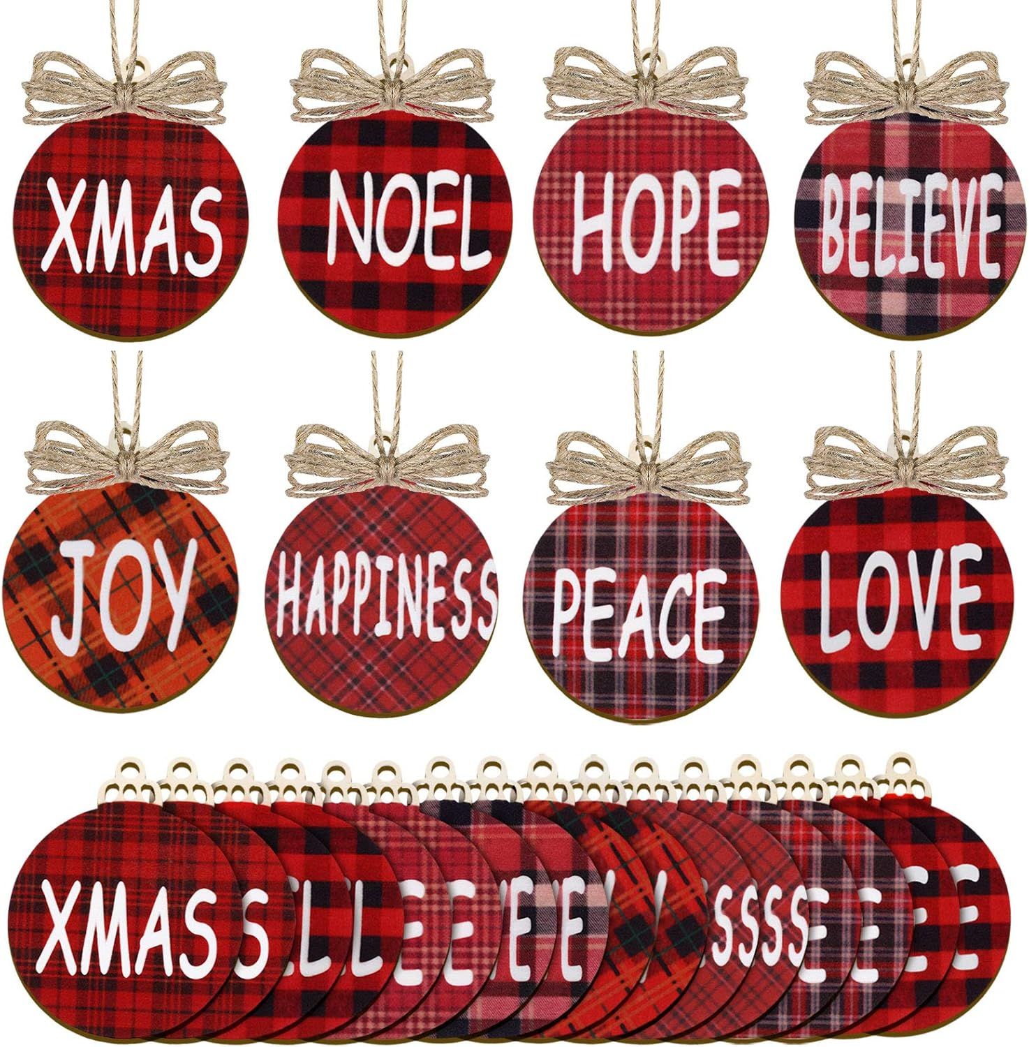 Jetec 24 Pieces Christmas Buffalo Plaid Wood Ornaments Christmas Wishes Tree Ornament Christmas H... | Amazon (US)