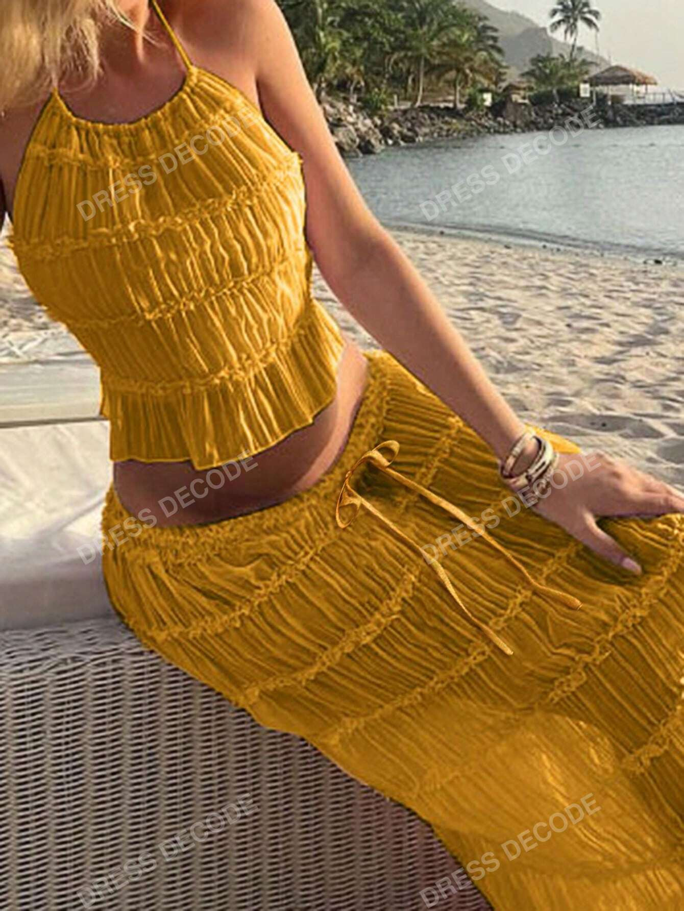 Apricot Chiffon Multi-Layered Pleated Lace Trim Halterneck Backless Vacation Dress Set,Ladies Cas... | SHEIN