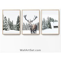 Snowy Forest Photo Christmas Wall Art Winter Set 3 Deer Poster Holiday Prints Woodland Log Cabin | Etsy (US)