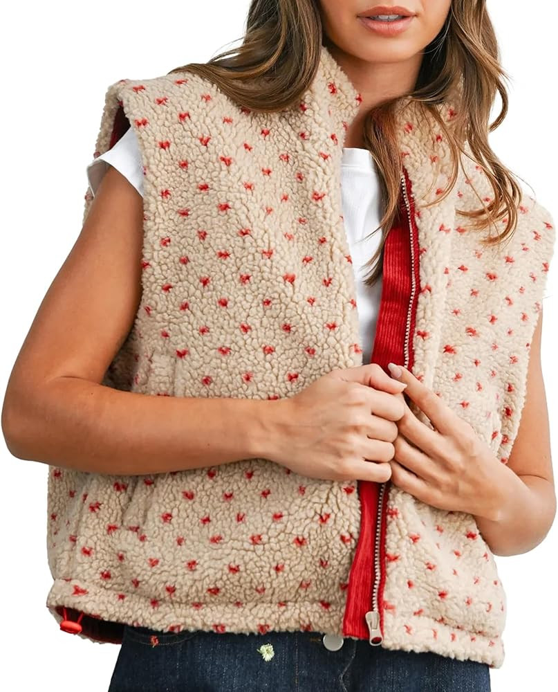 Slouchy Fleece Jacket Women Sleeveless High Neck Full Zipper Polka Dot Sherpa Vest Fuzzy Waistcoa... | Amazon (US)