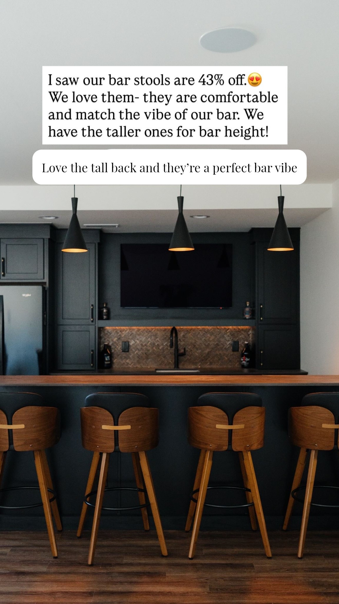 I saw our bar stools are 43% off.😍
We love them- they are comfortable and match the vibe of our bar. We have the taller ones for bar height!