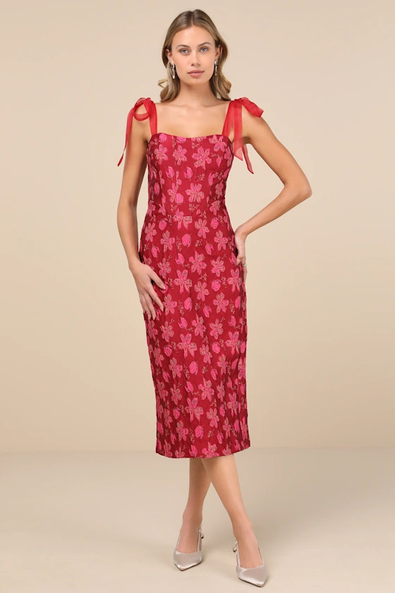 Lovely Darling Magenta Floral Jacquard Tie-Strap Midi Dress | Lulus